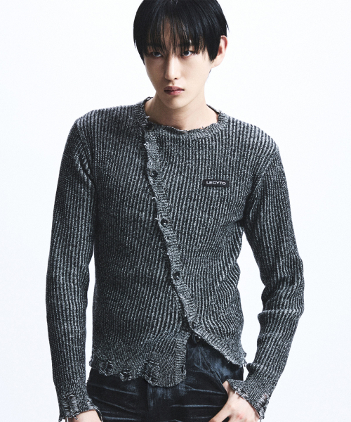 Oblique Line Knit Cardigan_[Charcoal]
