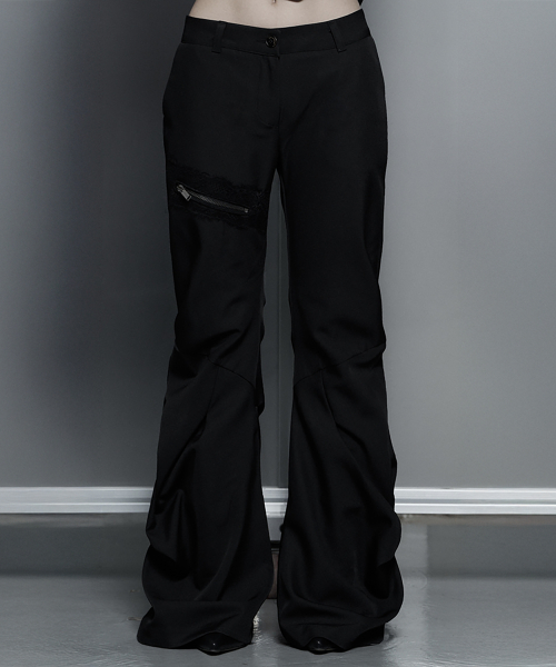 Side Double Lace-Up Bootcut Slacks (Black)