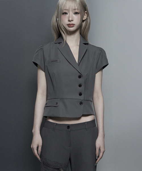 Cropped Short Sleeve Tailored Jacket (Dark Gray)