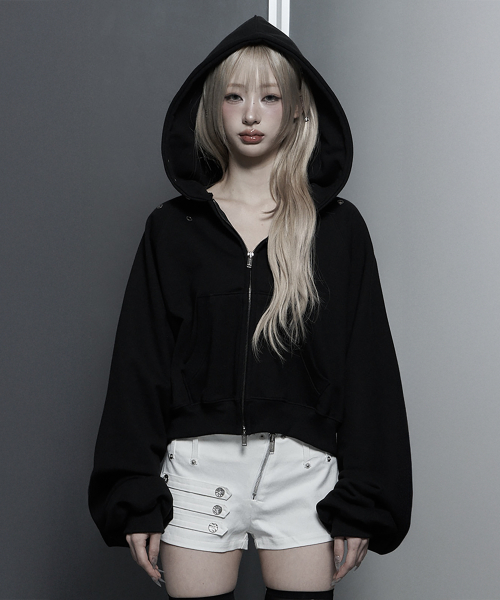 Hotfix Detail Cropped Two-Way Zip Hoodie (Black)