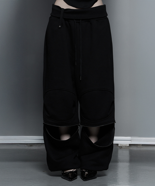 Zipper 2-Way Double Knee Bermuda Wide Pants (Black)