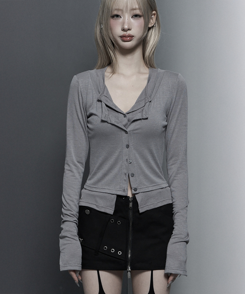 U-Neck Double Button layered Cardigan (Gray)