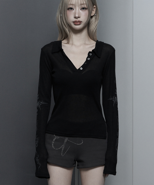 Rib Collar tattoo Long Sleeve Top (Black)