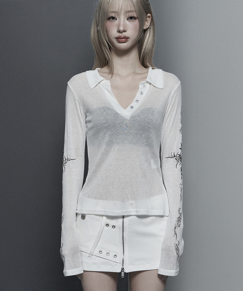 Rib Collar tattoo Long Sleeve Top (White)