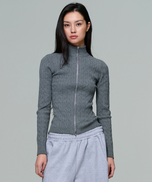WOMEN FITTED CABLE ZIP KNIT - GREY