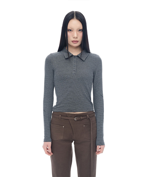 Stripe Crop Collar T-Shirt_Charcoal