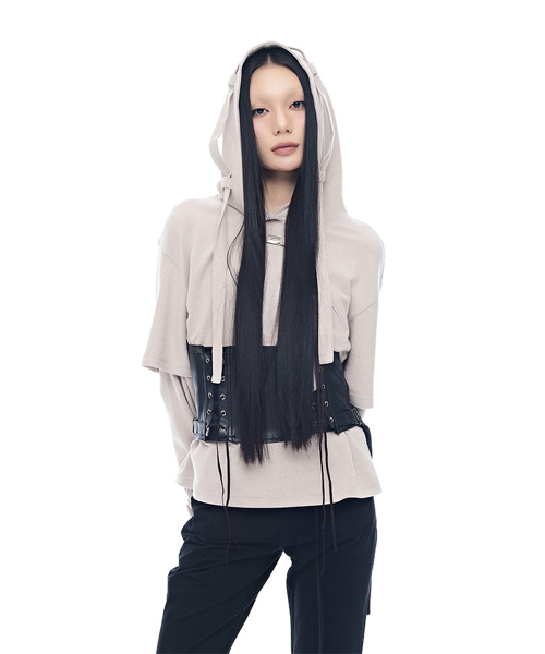 Layered Sleeve Belted Hoodie_Mocha Mousse