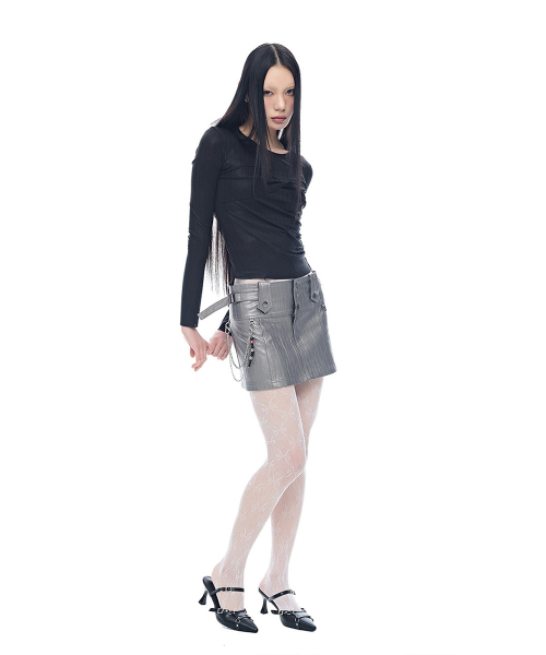 Leather Strap Mini Skirt_Metallic Silver