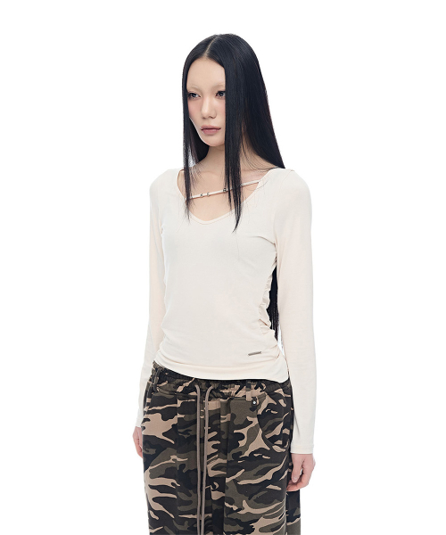 V-neck Strap Shirring T-shirt_Peach