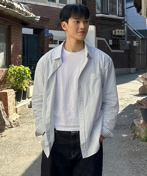 [COUTURE]Crease 50s Light Blue Stripe Oversized Fit Shirt