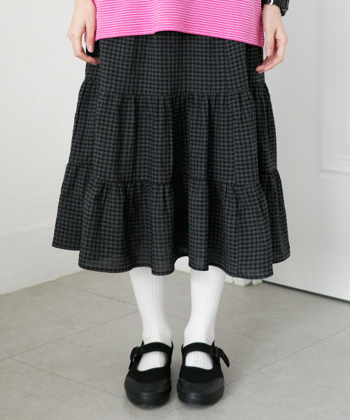 Check Banding Long skirt [Charcoal]