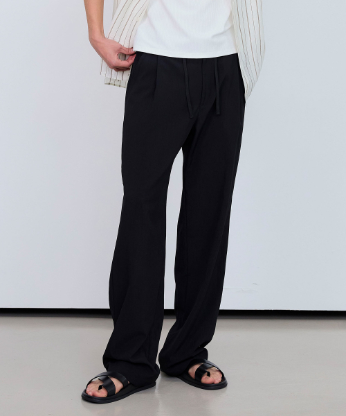 [COUTURE]Black wide one-tuck washer processed string full banding pants