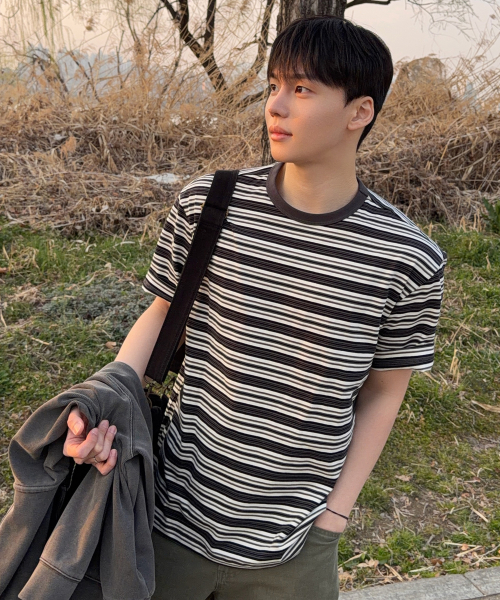 Cotton 100% Multi-Stripe Oversized Fit Short Sleeve T-shirt - 2color