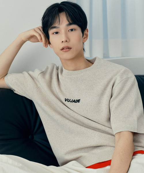 [COUTURE]Lettering Semi Oversized Fit Beige Short-Sleeved Knitwear