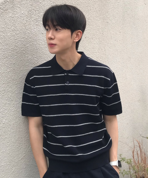 [COUTURE]Washable Modern Stripe Collar Short-Sleeved Knitwear - 2color