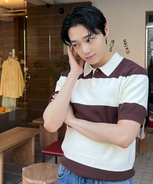[COUTURE]Washable Block Stripe Semi-Oversized Fit Collar Short-Sleeved Knitwear