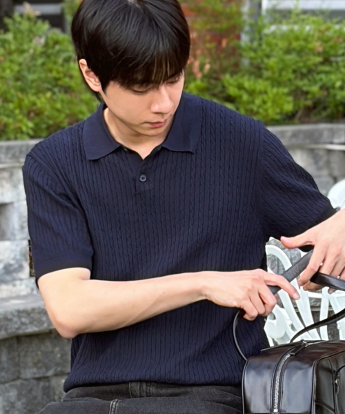 cable collar semi-overfit short-sleeved knitwear - 2color