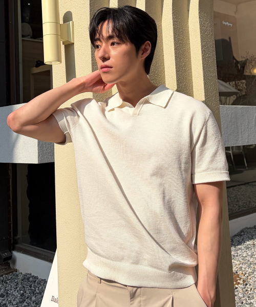 Washable linen like slit neck collar short-sleeved knitwear - 5color