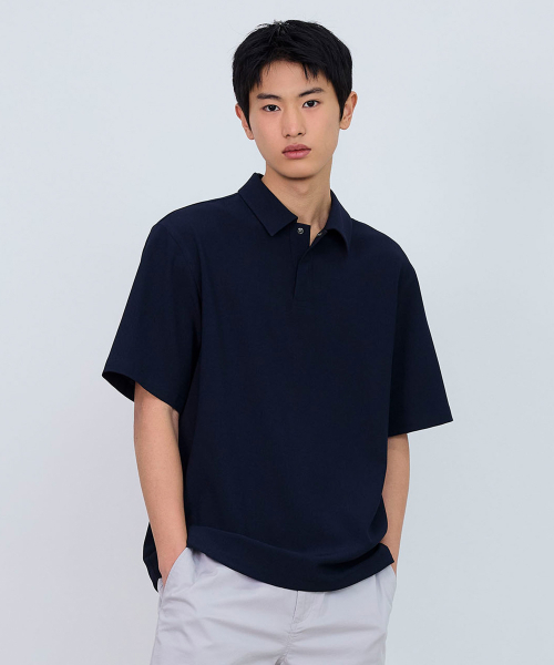 linen like pullover semi-overfit short-sleeved shirt