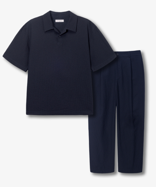 [SET][Air Cool]Two-tone circus pullover semi-overfit short sleeve setup navy