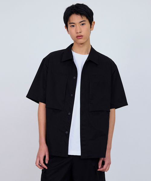 [Air Cool]Mesh Oversized Fit Black Out Pocket Short-Sleeved Shirt