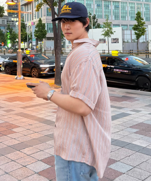 [COUTURE]striped over-fit short-sleeved shirt