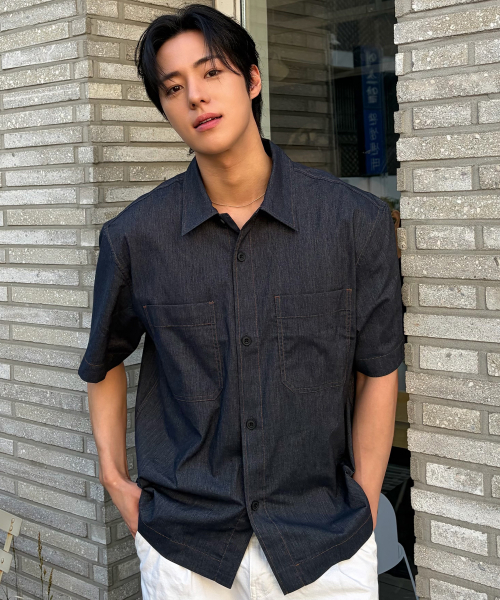 [COUTURE]linen blended denim like overfit short-sleeved shirt