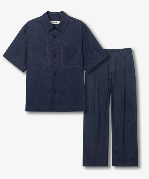 [SET][COUTURE]linen blended denim like overfit short-sleeved shirt set