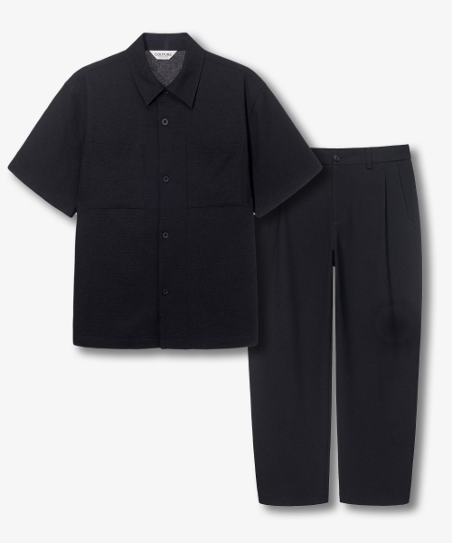 [SET][COUTURE]Waffle Organizing Pocket Semi-Overfit Short Sleeve Shirt Set-up