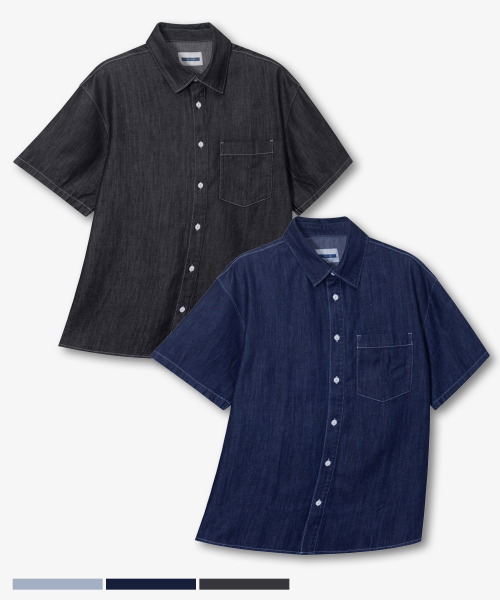 [2PACK]linen like denim overfit daily short-sleeved shirt - 3color