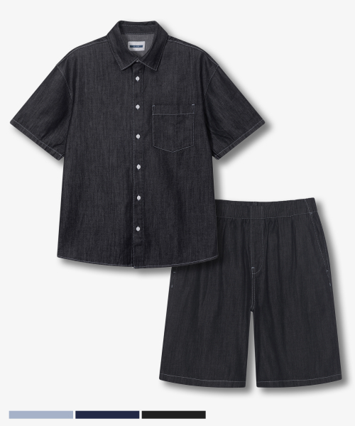 [SET]linen like denim shirt half pants setup - 3color