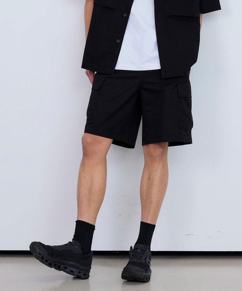 [Air Cool]Mesh Semi-Wide Cargo Full Banding Black Half Pants