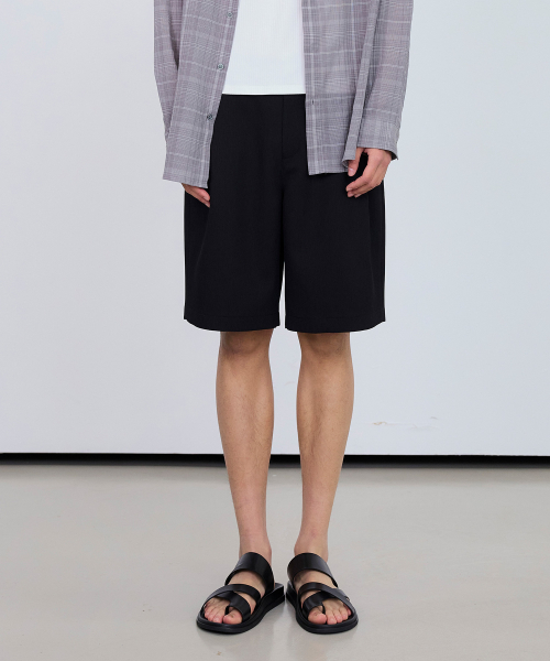 Relax Fit Crinkle Pull Banding Black Half Pants
