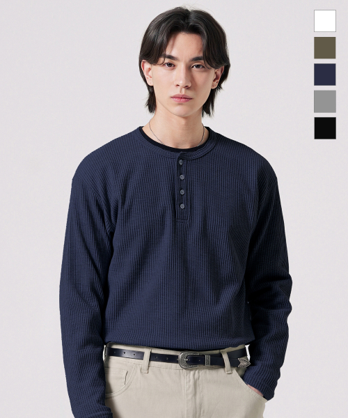 Texture Henry Neck Long Sleeve Navy SJLT2690