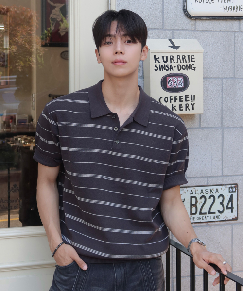 [ON]Washable Multi-Strip Collar Short Sleeve Knitwear - 4color