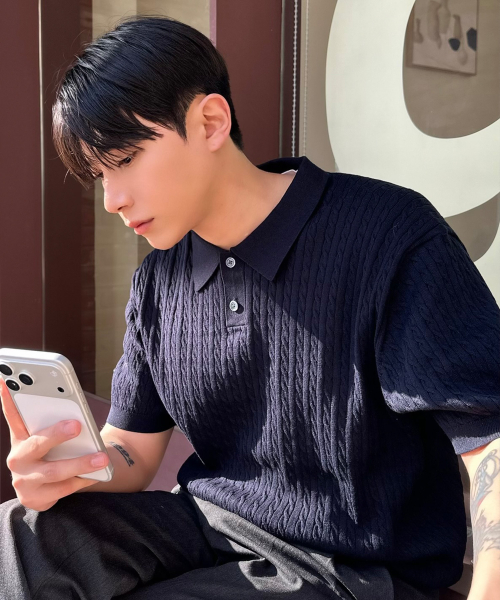 [ON]Washable cable collar short-sleeved knitwear - 2color