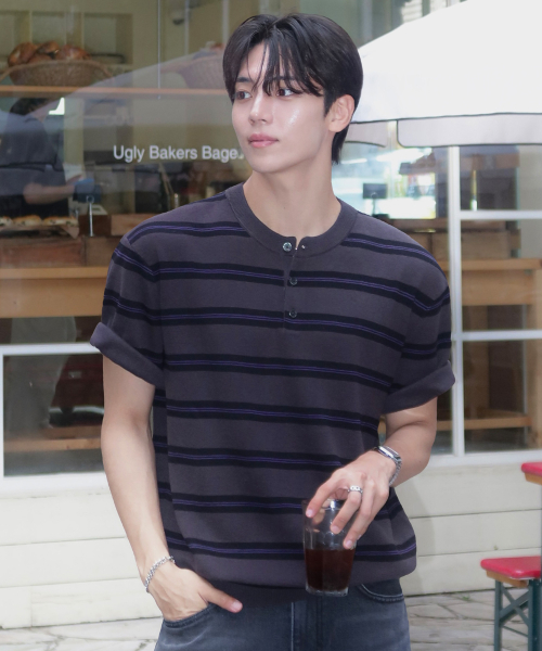 [ON]Washable Stripe Henley Neck Short Sleeve Knitwear - 2color
