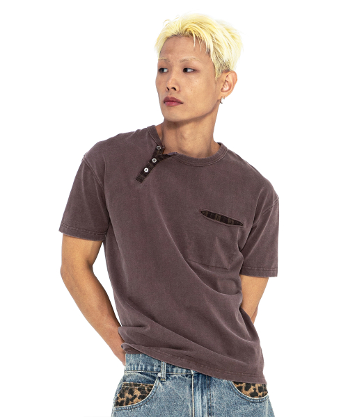 XTT154 체크 헨리넥 워싱 크롭 티셔츠 (PURPLE/BROWN)