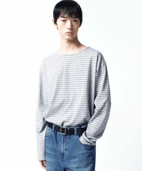Semi Boat Neck Stripe Long Sleeve MELANGE GREY