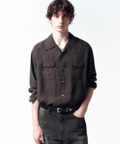 Tencel Gabardine Open Collar Shirts DARK BROWN