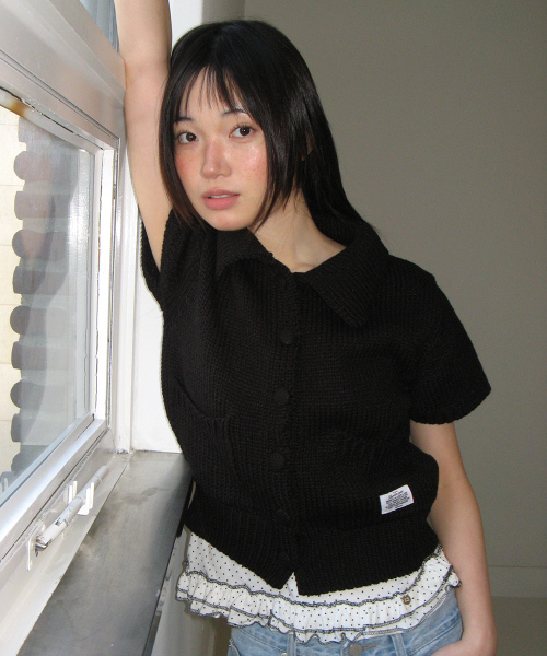 POCKET COLLARED KNIT SHORT SLEEVE CARDIGAN BLACK