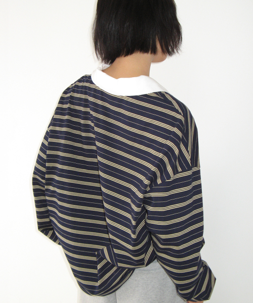 STRIPE V NECK COLLAR LONG SLEEVE NAVY