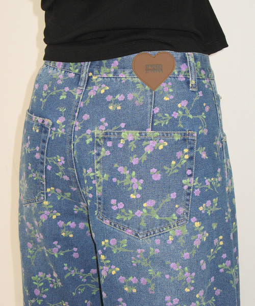 BALLOON FIT FLORAL DENIM PANTS MEDIUM BLUE
