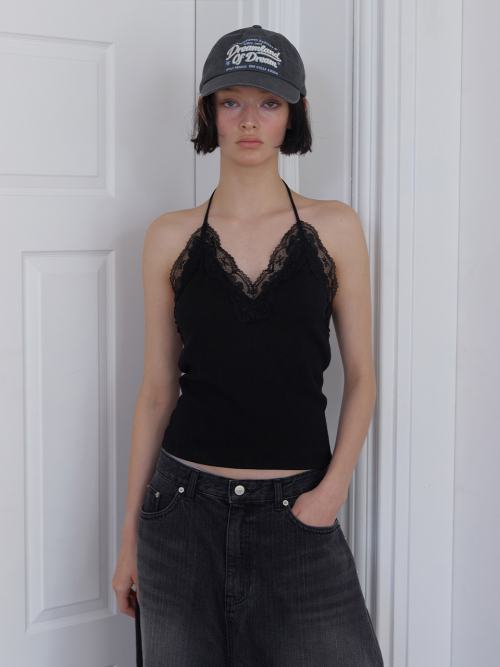 LACE HALTER STRAP TOP - BLACK