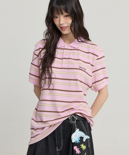 Stripe Logo Pique Half T-shirt PINK