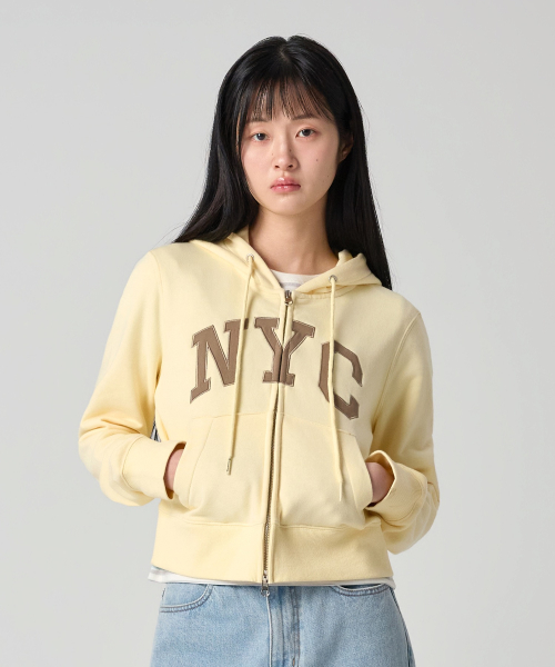 여성 NYC 크롭 후드 집업 Cream