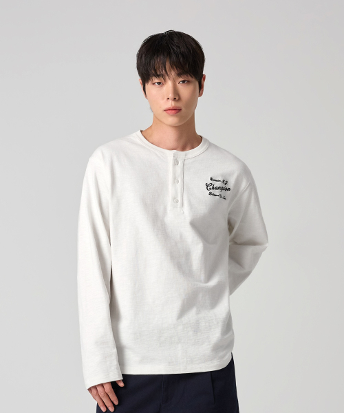 헤리티지 루즈핏 헨리넥 롱슬리브 티셔츠 White
