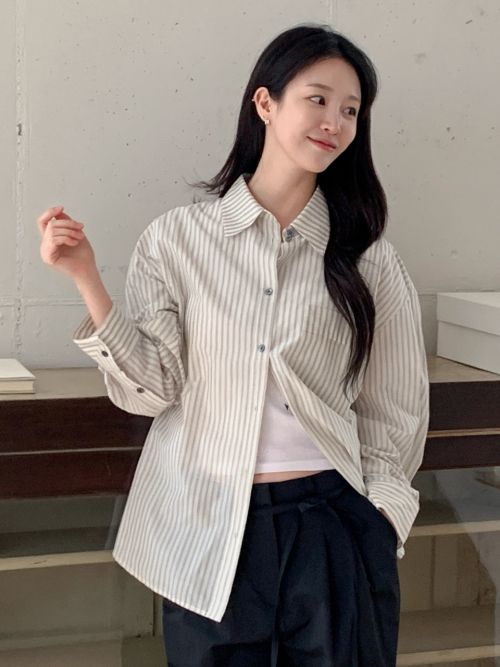 Airy Cotton Over-fit Stripe Shirt Grey AT6SHA013GE