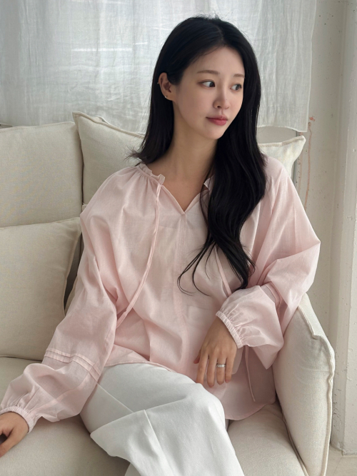 Comfort Frilled-Neck Shirring Blouse Light Pink AT6BLA017LP