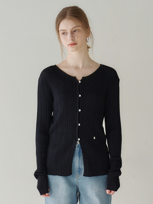Slim Boat-neck Ribbed Cardigan Black AT6CDA009BK